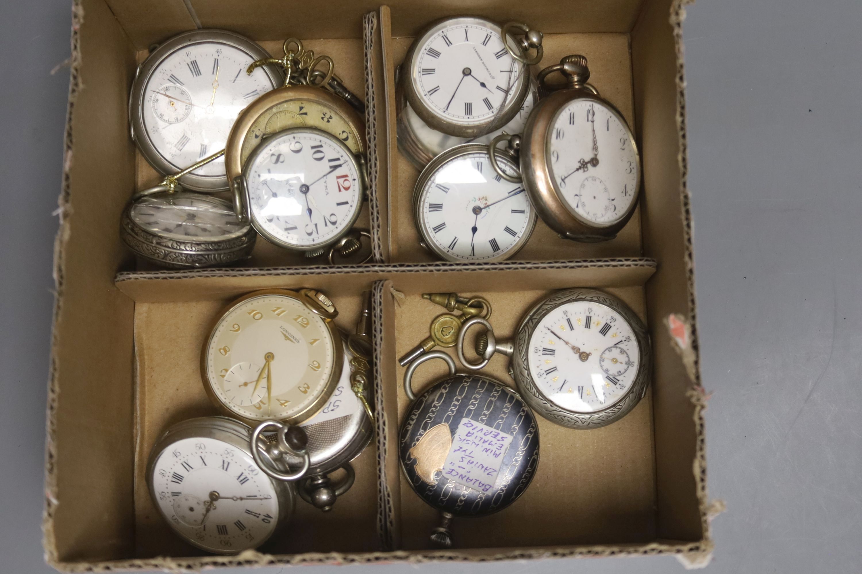 Thirteen assorted base or white metal pocket watches, a Cyma wristwatch and two movements.